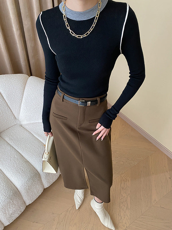 Long Sleeves Skinny Contrast Color Split-Joint Round-Neck Pullovers Sweater Tops