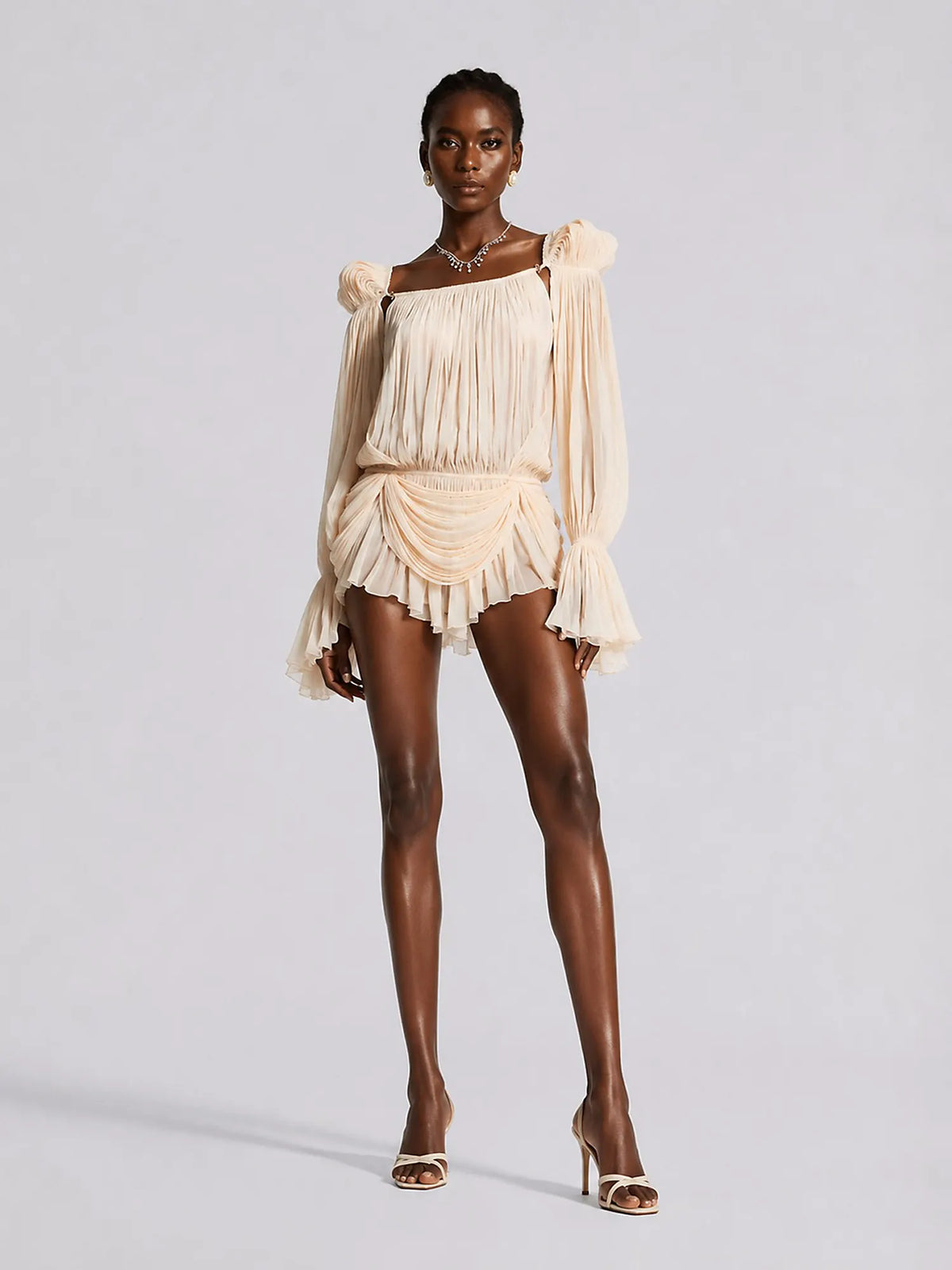 Zoe Neutrals Pleated Ruffled Mini Dress