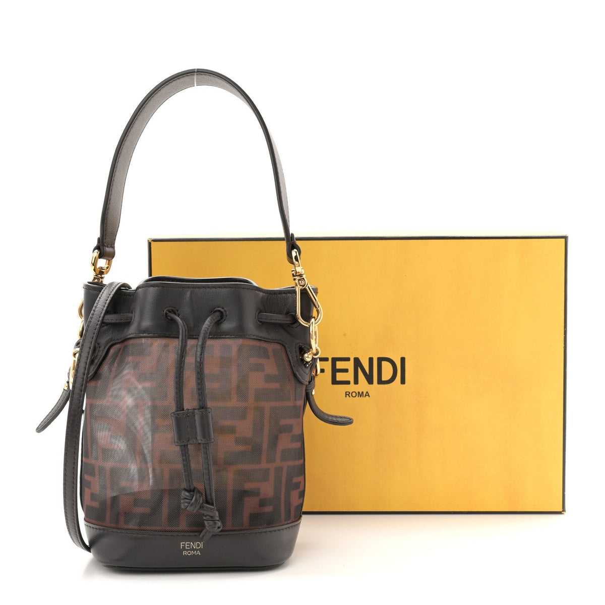 Mesh Vitello Grace F is Fendi FF 1974 Mini Mon Tresor Bucket Bag Marrone Black Ebano