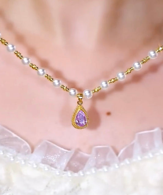 Beautiful Purple Sterling Silver Overgild Pearl Water Drop Pendant Necklace