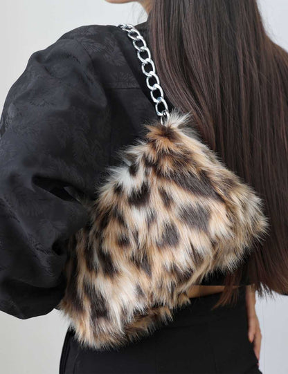 Fluffy Leopard Print Shoulder Evening Bag