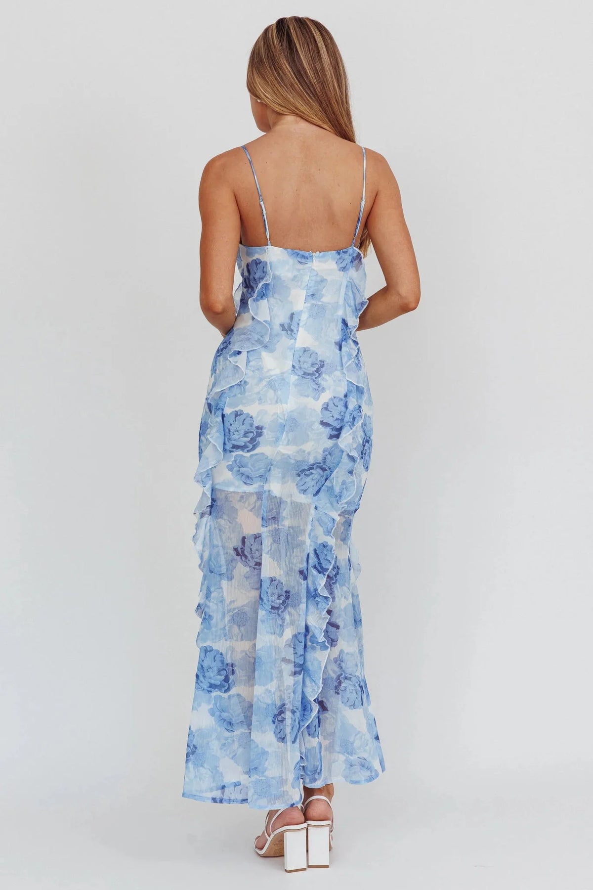 Frannie Vertical Ruffle Maxi Dress Floral Blue
