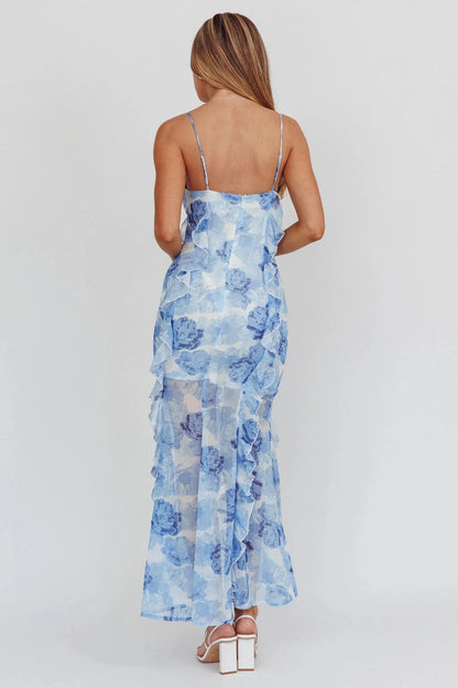 Frannie Vertical Ruffle Maxi Dress Floral Blue