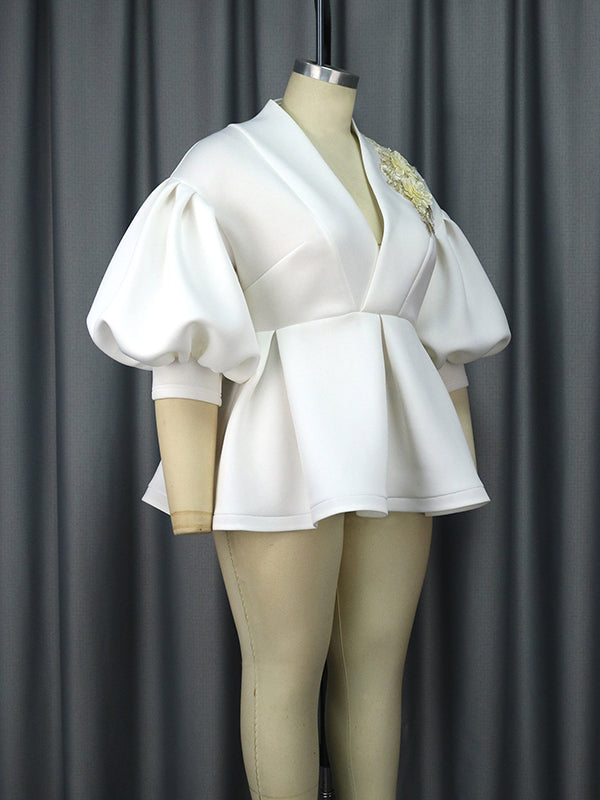 Half Sleeves Loose Asymmetric Embroidered Pleated Split-Joint Deep V-Neck Blouses&Shirts Tops