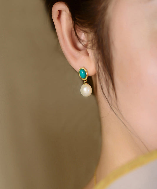 Art White Sterling Silver Overgild Turquoise Pearl Drop Earrings