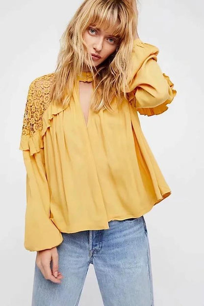 Human Cotton Crepe Lace Bohemian Retro Stitching Openwork Pullover Loose Blouse