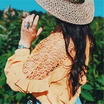 Human Cotton Crepe Lace Bohemian Retro Stitching Openwork Pullover Loose Blouse