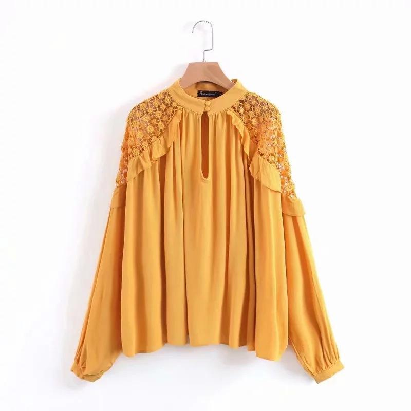 Human Cotton Crepe Lace Bohemian Retro Stitching Openwork Pullover Loose Blouse