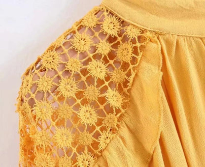 Human Cotton Crepe Lace Bohemian Retro Stitching Openwork Pullover Loose Blouse