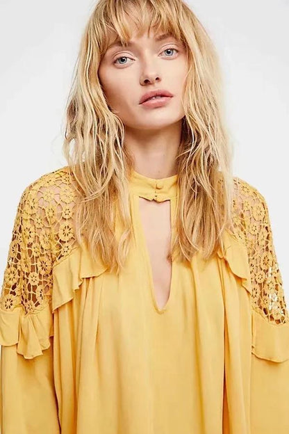 Human Cotton Crepe Lace Bohemian Retro Stitching Openwork Pullover Loose Blouse
