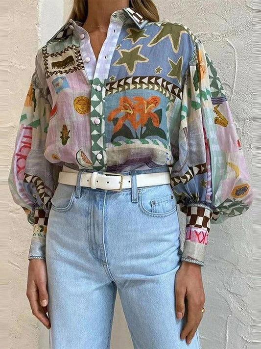 Loose Flower Painted Buttoned Puff Sleeves Lapel Collar Blouses