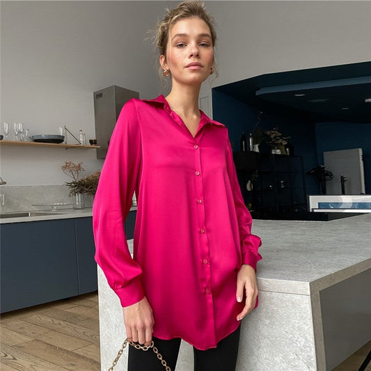 Lapel-Collar Glossy Satin Shirt