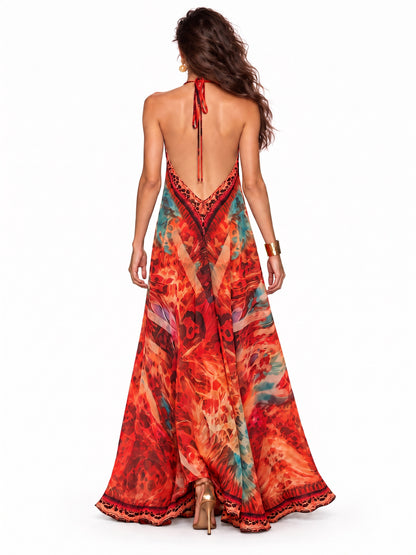 Paisley Printed Cowl Neck Halter Maxi Dress