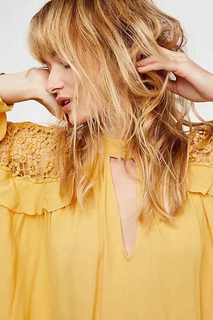 Human Cotton Crepe Lace Bohemian Retro Stitching Openwork Pullover Loose Blouse