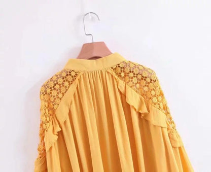 Human Cotton Crepe Lace Bohemian Retro Stitching Openwork Pullover Loose Blouse