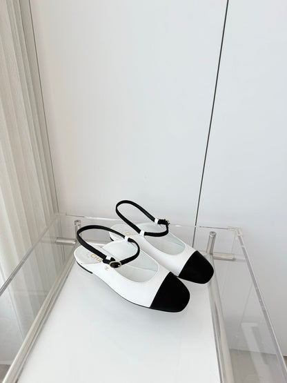 Chanel 26 Slingback Flats White Black in Lambskin 597390