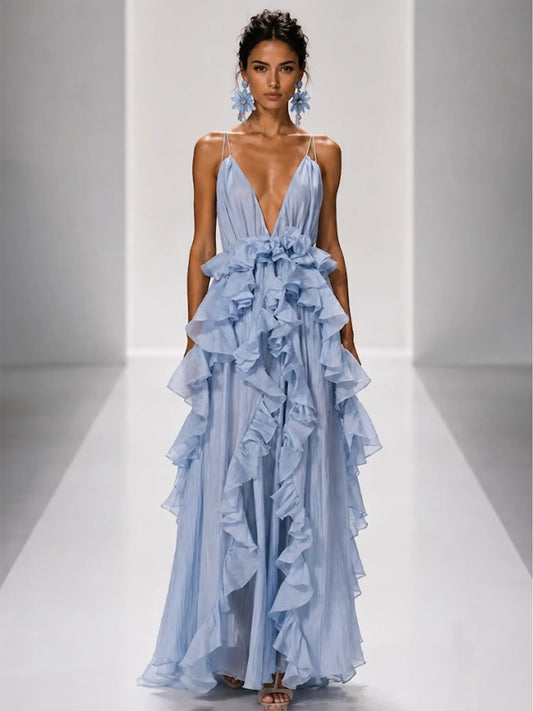 Thea Ruffled Chiffon V-Neck Maxi Dress