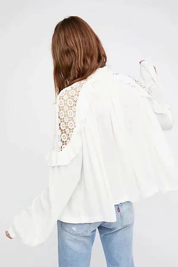 Human Cotton Crepe Lace Bohemian Retro Stitching Openwork Pullover Loose Blouse