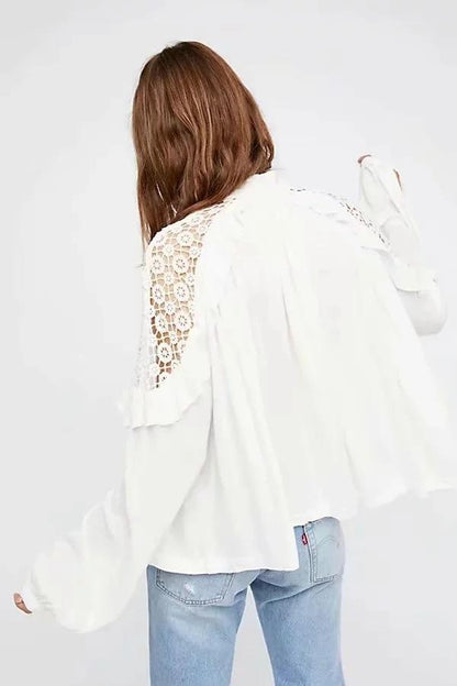 Human Cotton Crepe Lace Bohemian Retro Stitching Openwork Pullover Loose Blouse