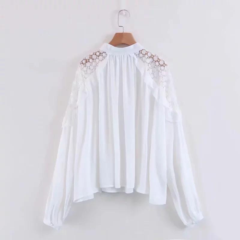 Human Cotton Crepe Lace Bohemian Retro Stitching Openwork Pullover Loose Blouse