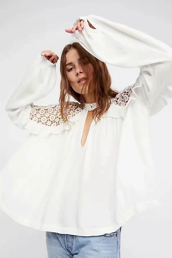 Human Cotton Crepe Lace Bohemian Retro Stitching Openwork Pullover Loose Blouse