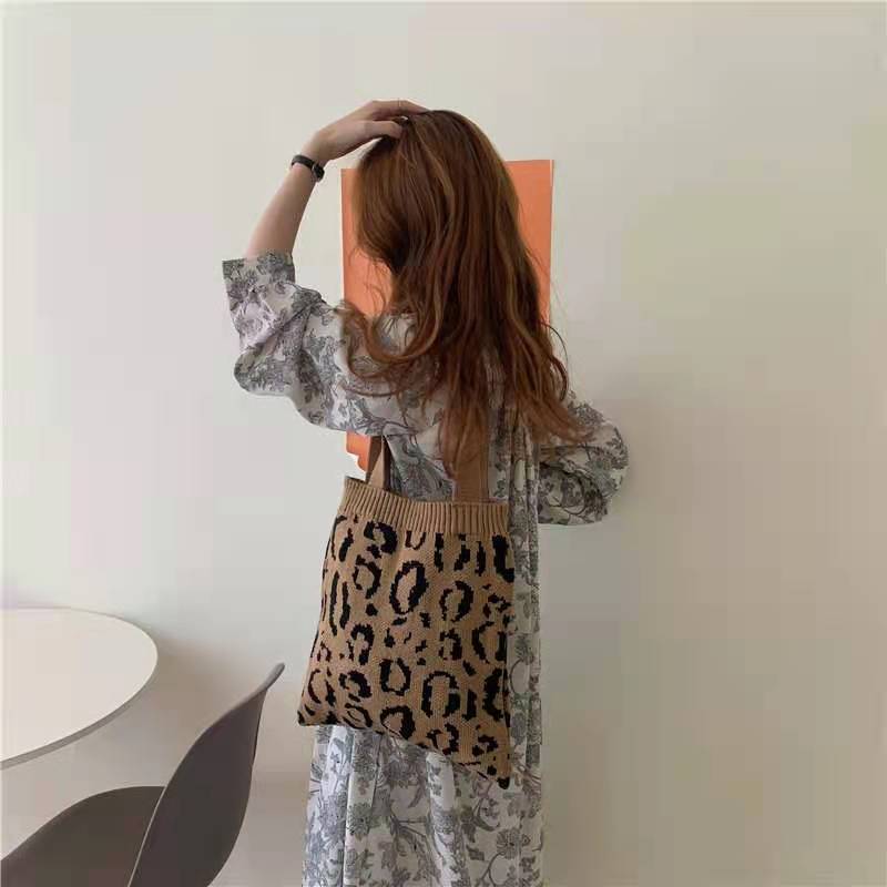 Crochet Tote Bag Leopard Print Knit Bag