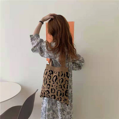 Crochet Tote Bag Leopard Print Knit Bag