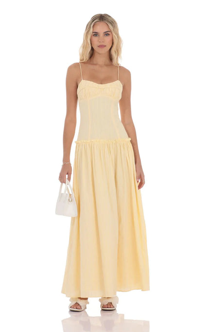 Embroidered Striped Maxi Dress in Yellow