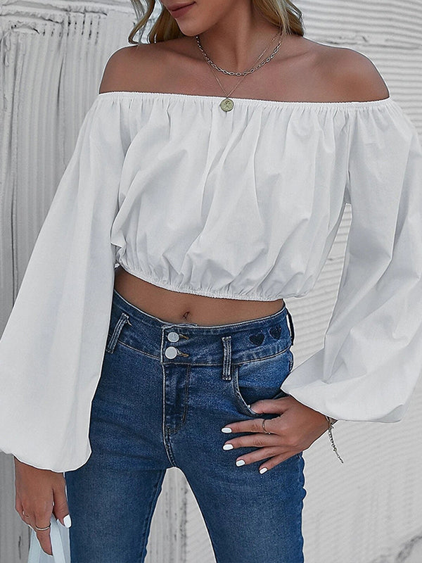 Long Sleeves Loose Elasticity Pleated Solid Color Off-The-Shoulder T-Shirts