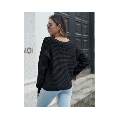Casual Long Sleeves Loose Solid Color V-Neck Sweater Tops