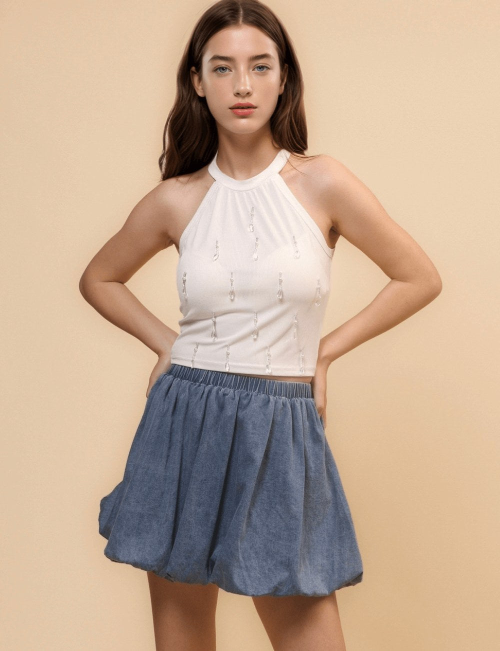 Floral Cute Denim Bubble Mini Skirt
