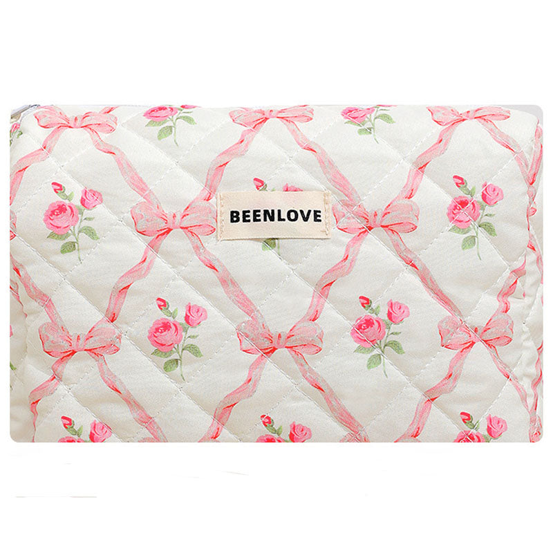 Cute Heart Print Cotton Quilted Cosmetic Bag