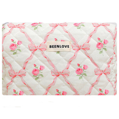 Cute Heart Print Cotton Quilted Cosmetic Bag