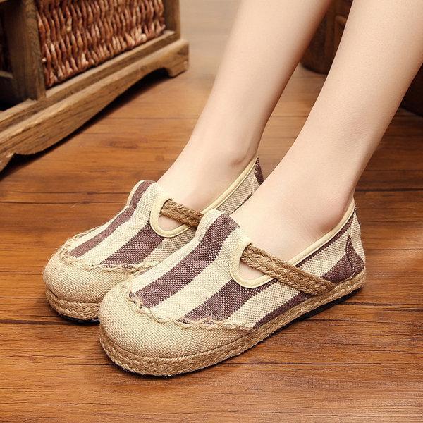 Stripe Pattern Flax Breathable Retro Flat Slip On Women Shoes