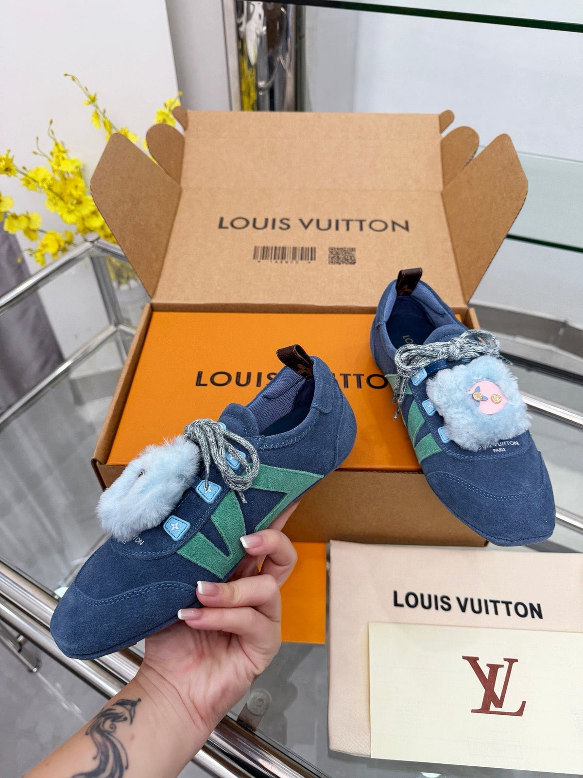 LV Sneakerina Dark Blue Mint Green Suede Fur 579933