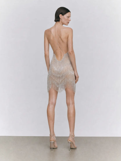 Brynn Deep-V Rhinestone Tassel Mini Dress