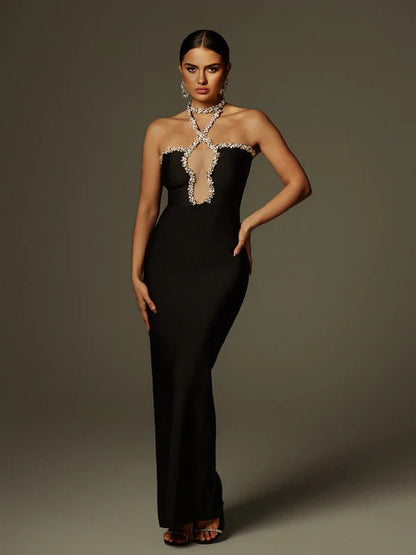 Cornie Halterneck Rhinestone Bandage Maxi Dress