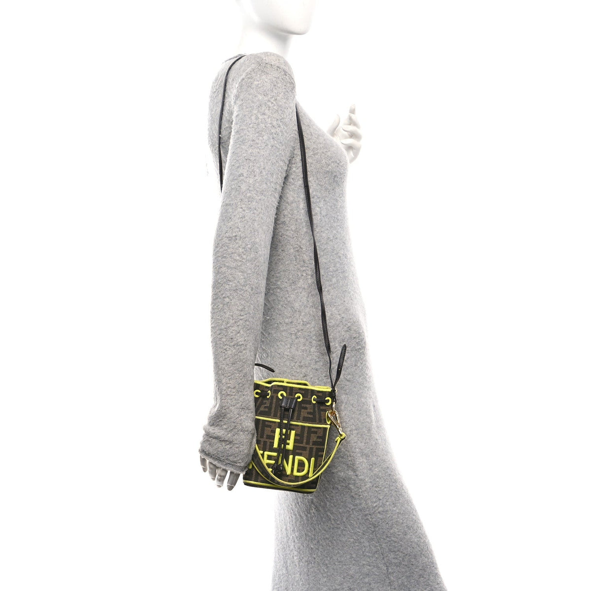 Fabric Jacquard Shiny Nappa FF 1974 Logo Threaded Edge Mini Mon Tresor Bucket Bag Tobacco Moro Giallo Fluo
