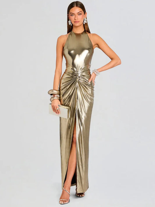 Raina Shiny Pleated Maxi Dress