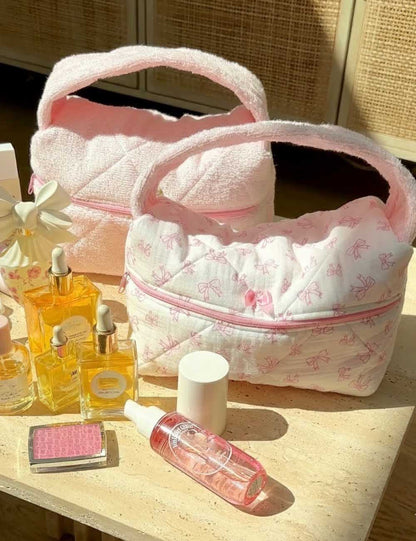Soft Plush Cute Bow Print Cosmetic Bag