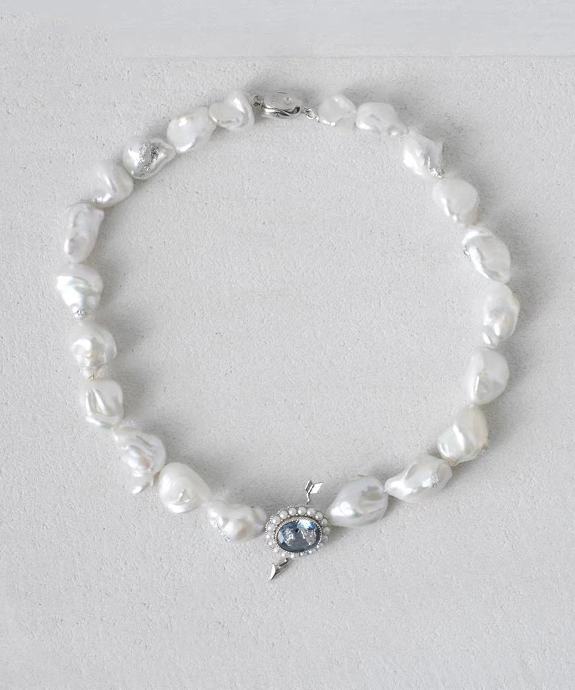 Classy White Alloy Crystal Asymmetric Pearl Gratuated Bead Necklace