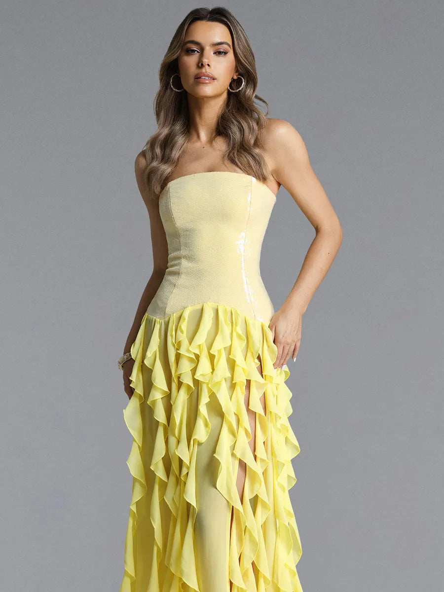 Hazel Strapless Ruffle Trim Sequin Maxi Dress