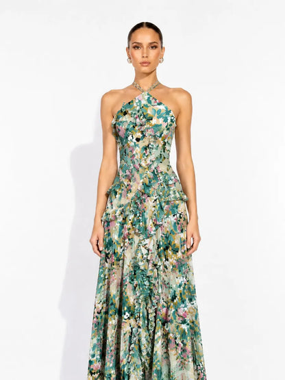 Arianne Pleated Print Sleeveless Maxi Dress