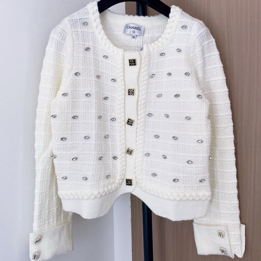 Chanel 2025 Cardigan With Rhinestone Embellishment White Wool