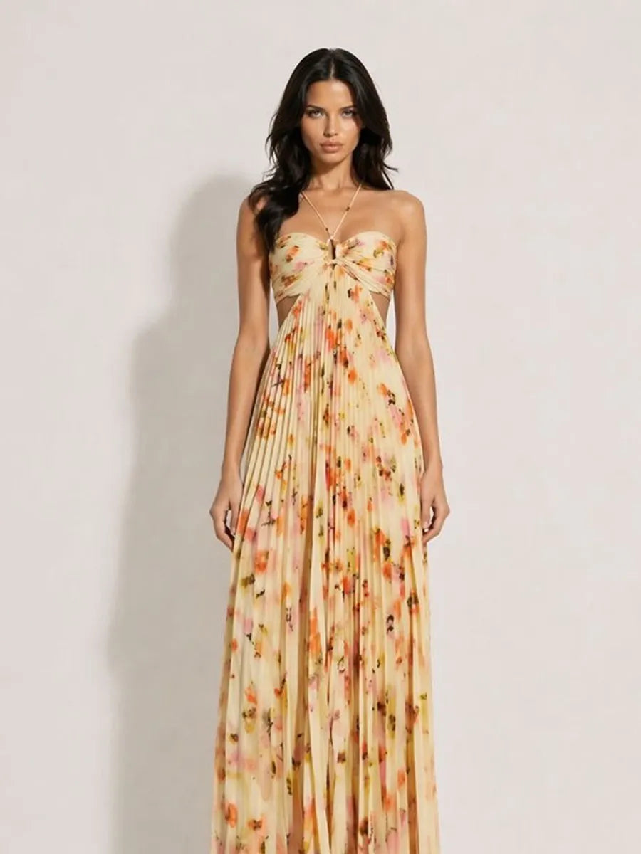 Lila Halter-Neck Pleated Printed Maxi Dress