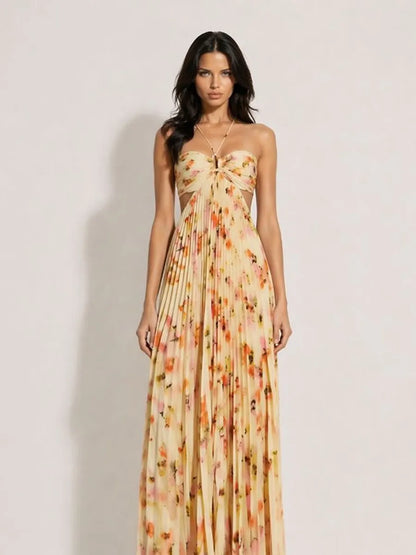 Lila Halter-Neck Pleated Printed Maxi Dress