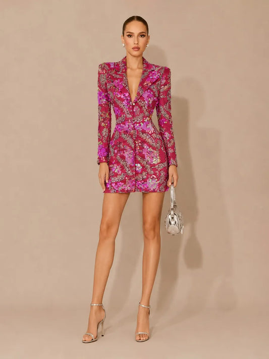 Lorena Embroidered Sequin Long-Sleeve Cut-Out Mini Dress