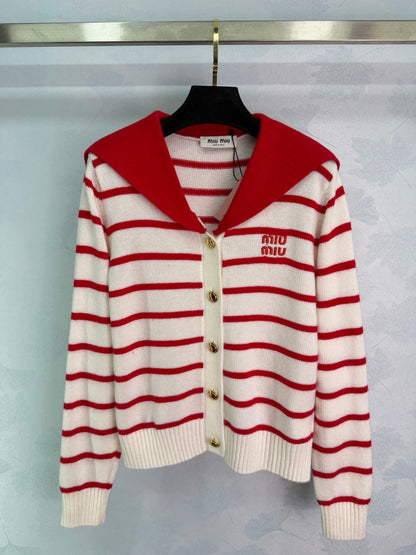 Miu 26s Striped Sailor Collar Knit Cardigan Wool 345083