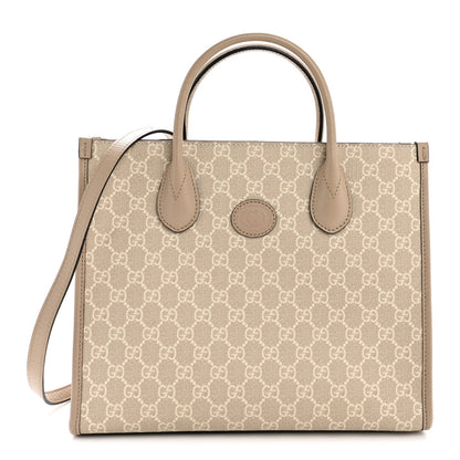 GG Supreme Monogram Textured Dollar Calfskin Small Retro Interlocking G Tote Bag Beige Mystic White Oatmeal