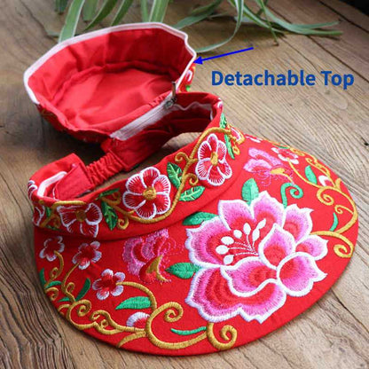 Versatile Ethnic Style Hat, Cotton And Hemp Embroidered Big Eave Hat, Embroidered Hat, Detachable Top, Dual Use Hat